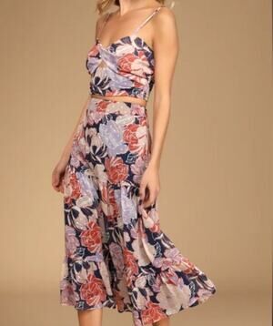 Lulus Floral Two Piece Midi Dress Set XL Floating Through Flowers Boho‎